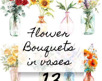 Watercolor Flower Bouquet Clipart | 13 Vases of Wildflowers PNG | Rustic Cottagecore Stickers, Scrapbook, Junk Journal Digital Download