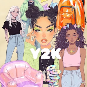 Puede incluir: Ilustración digital con retratos estilizados de mujeres jóvenes, mariposas, una mochila naranja, una silla inflable rosa y CDs. El texto "V2K" está presente. El tema general es la moda y estética Y2K.