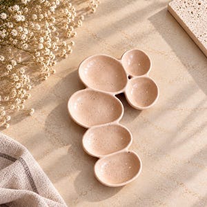 Peut inclure: Une palette de peinture en céramique de couleur pêche clair avec cinq compartiments arrondis interconnectés. La surface de la palette présente une texture mouchetée avec de petits points brun foncé répartis sur la finition lisse et brillante.