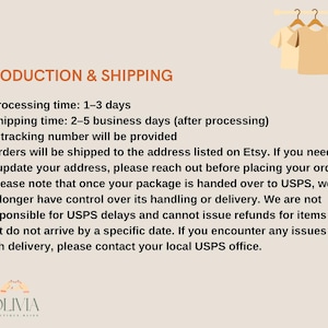 May include: A light beige graphic featuring two tan t-shirts hanging on a rack at the top right corner. The text reads PRODUCTION & SHIPPING followed by a list of policies. At the bottom left, there is a small logo with the text OLIVIA BOUTIQUE BLISS.