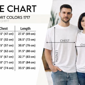 May include: A size chart for Comfort Colors 1717 unisex t-shirts, displaying chest and length measurements in inches from size S to 4XL. The chart includes a visual guide showing how to measure the chest and length on two plain white t-shirts.