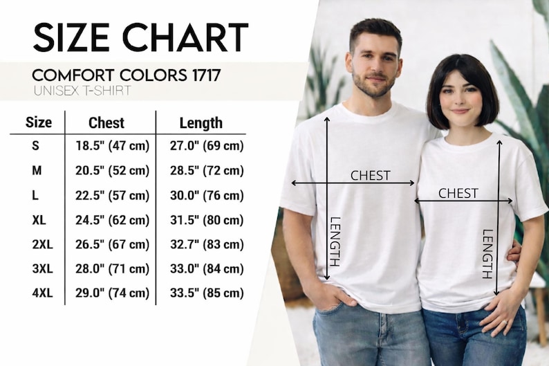 May include: A size chart for Comfort Colors 1717 unisex t-shirts, displaying chest and length measurements in inches from size S to 4XL. The chart includes a visual guide showing how to measure the chest and length on two plain white t-shirts.