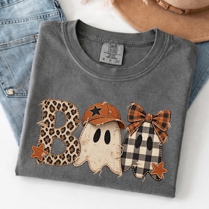 T-shirt fantôme BOO, T-shirt mignon pour Halloween, Cadeau camouflage pour Thanksgiving, Haut vintage patchwork effet automne, T-shirt à carreaux Comfort Colors