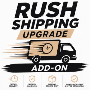May include: A graphic featuring the text RUSH SHIPPING UPGRADE ADD-ON with a black silhouette of a delivery truck moving quickly. Below are four icons representing faster delivery, priority handling, existing orders only, and no physical item.