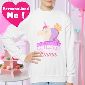 Personalized Unicorn Birthday Sweatshirt for Girls Custom Name and Age Pullover, Perfect for Birthday Celebrations and Winter Parties.