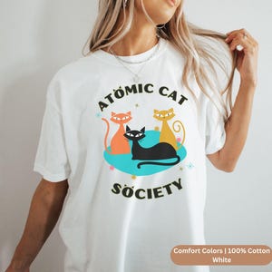 Atomic Cat T-Shirt Gift for Cat Lovers Mid Century Modern Retro Cat 1960s Art MCM Cat Design Starbursts Cosmic Cat Shirt Comfort Colors