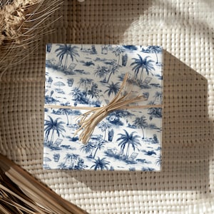 Carta da regalo, carta da regalo con motivi cinesi blu per compleanni estivi/feste tropicali, feste in giardino/palme, sedie a sdraio vintage