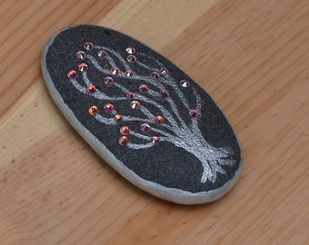 Tree Painted Stone Paperweight, Garden Rock, Collectible, Decorative Accent Stone