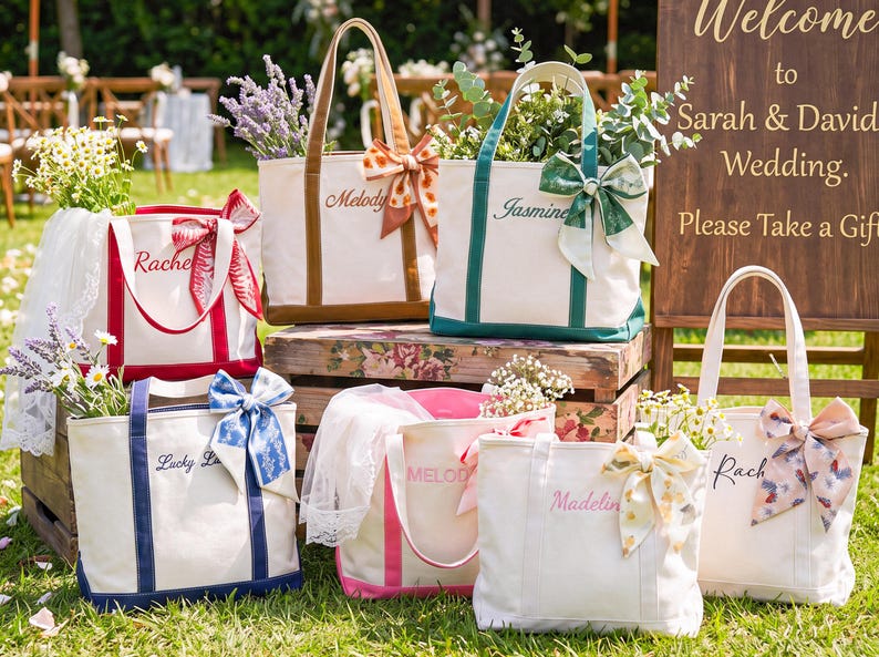 May include: A collection of six canvas tote bags in various colors, each featuring a personalized name embroidered on the front, two sturdy handles, and a decorative patterned ribbon tied to one side, filled with assorted fresh flowers and greenery.