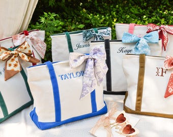 Custom Tote Bag, Beach Handbags, Bridesmaid Gift, Personalized Name Tote Bag, Canvas Tote Bag, Beach Bag with Ribbons, Girls Shopper Bag