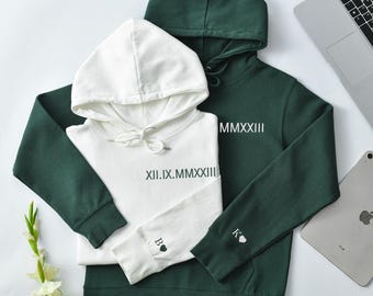 Roman Numeral Embroidered Hoodie,Custom Matching Anniversary Date Couple Hoodies,Initials With Heart Sleeve,Valentines Day Boyfriend Gift