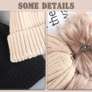 May include: Two knit hats with faux fur pom poms. One hat is black and the other is beige.