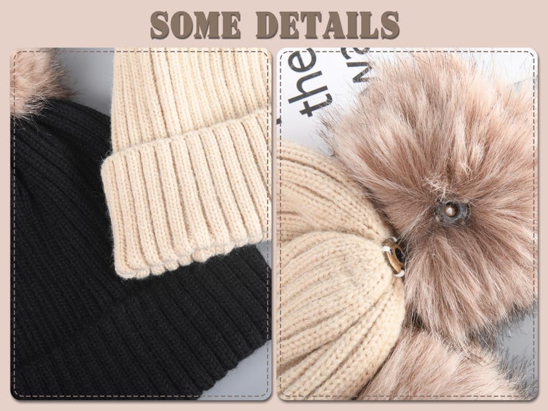 May include: Two knit hats with faux fur pom poms. One hat is black and the other is beige.