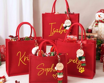 Personalized Christmas Gift Bag with Charm,Red Burlap Christmas Gift Bag,Holiday Gift Bags