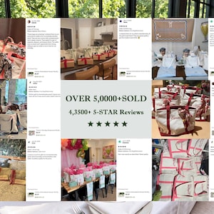 May include: A collage of customer reviews featuring custom canvas tote bags with embroidered names and colorful ribbon accents. The central text reads OVER 5,000+ SOLD, 4,3500+ 5-STAR Reviews, accompanied by five green star icons.