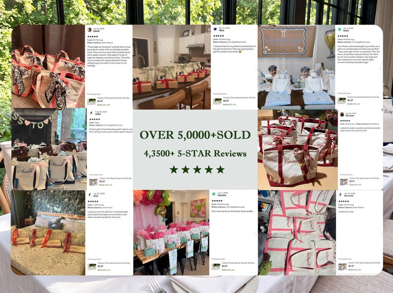 May include: A collage of customer reviews featuring custom canvas tote bags with embroidered names and colorful ribbon accents. The central text reads OVER 5,000+ SOLD, 4,3500+ 5-STAR Reviews, accompanied by five green star icons.