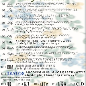 May include: A design selection guide featuring various font styles and lettering options. The image displays different fonts, including script and block letters, with examples of names and initials. The text includes instructions for color selection.