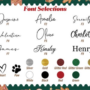 May include: A white background displays font selections with names like Jasmine and Amelia, each labeled with a font number. Below are heart and paw symbols, plus color options including silver, gold, and glitter red. The text "Font Selections" is at the top.