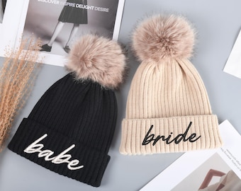 Gorro bordado personalizado, gorro con monograma y pelo, gorro de punto para la novia, gorros clásicos para adultos, gorro de invierno personalizado, despedida de soltera