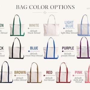May include: A collection of eleven canvas tote bags arranged in a grid, each featuring a distinct colored base and handle trim. Colors include green, white, light blue, black, blue, purple, navy, brown, red, and pink, with text labels for each.