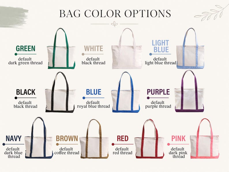 May include: A collection of eleven canvas tote bags arranged in a grid, each featuring a distinct colored base and handle trim. Colors include green, white, light blue, black, blue, purple, navy, brown, red, and pink, with text labels for each.