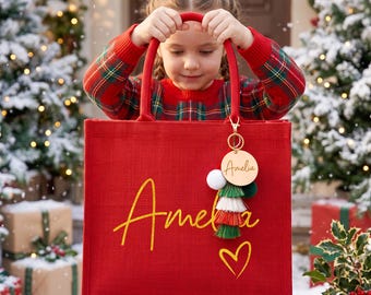 Personalized Christmas Gift Bag,Custom Name Red Burlap Bag with Charm,Holiday Gift Bag
