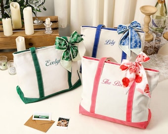 Custom Tote Bag, Canvas Tote Bag, Bridesmaid Gift, Tote Bag with Ribbon, Embroidered with Initials Bag, Personalized Bachelorette Party Gift