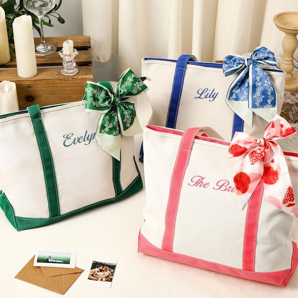 Custom Tote Bag, Canvas Tote Bag, Bridesmaid Gift, Tote Bag with Ribbon, Embroidered with Initials Bag, Personalized Bachelorette Party Gift