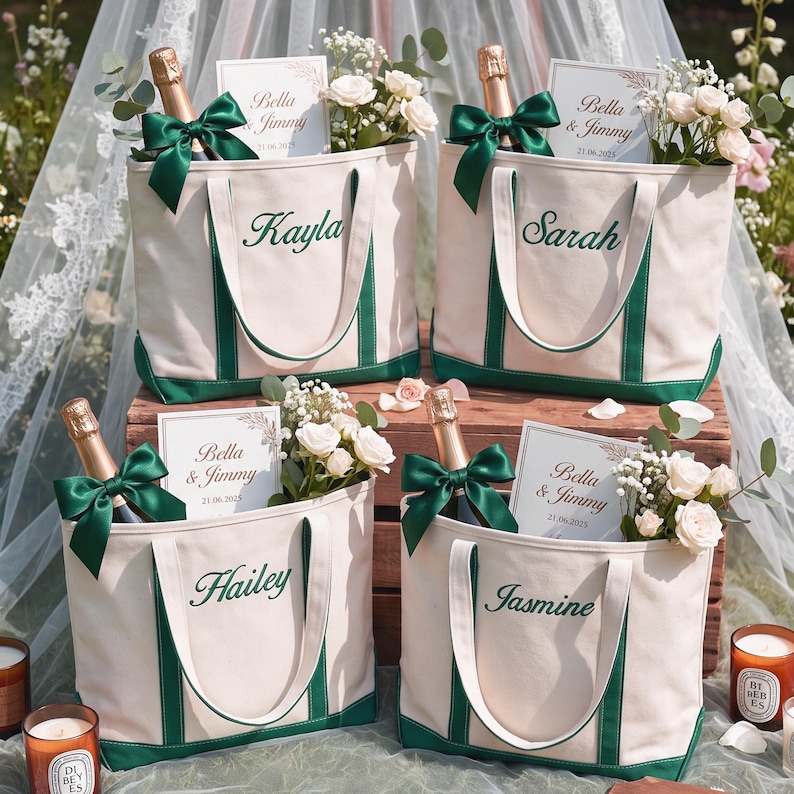 May include: Four off-white canvas tote bags with dark green trim and handles. Each bag is embroidered with a name: Kayla, Sarah, Hailey, or Jasmine. Inside each bag is a champagne bottle with a green ribbon, white roses, and a card reading Bella & Jimmy.