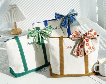 Custom Tote Bag, Personalized Text Tote, Gift for Her, Bachelorette Gifts, Embroidery Canvas Tote Bag, Pool Bag, Beach Bag with Free Ribbons