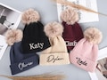 Family Personalized Beanie,Personalized Embroidered Beanie,Monogram Hat with Fur Pom-Pom,Classic Adults Beanies,Custom Kids Winter Beanie