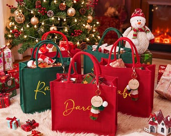 Personalized Burlap Christmas Gift Bag,Red& Green Christmas Gift Bag,Holiday Gift Bags
