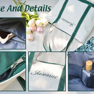 May include: A white canvas tote bag with green trim and the name "Jasmine" embroidered on the front. The bag is shown with a zipper pocket, sunglasses, a scarf, and a perfume bottle. The words "Size And Details" are in the top left corner.