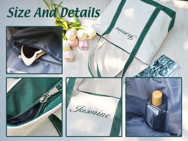 May include: A white canvas tote bag with green trim and the name "Jasmine" embroidered on the front. The bag is shown with a zipper pocket, sunglasses, a scarf, and a perfume bottle. The words "Size And Details" are in the top left corner.