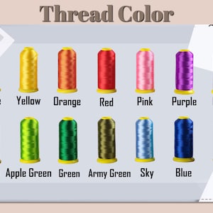 May include: A chart showing 14 different thread colors, including white, yellow, orange, red, pink, purple, gray, khaki, apple green, green, army green, sky blue, blue, and black.