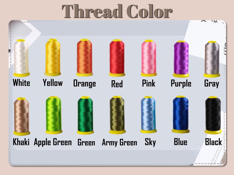 May include: A chart showing 14 different thread colors, including white, yellow, orange, red, pink, purple, gray, khaki, apple green, green, army green, sky blue, blue, and black.