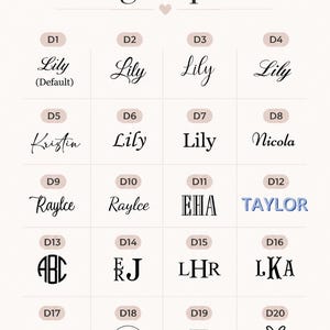May include: A grid of twenty black font and graphic design options labeled D1 through D20 under the heading Design Options. The chart displays various styles of typography, monograms, and illustrations including names like Lily, Kristin, Nicola, Raylce, Taylor, and Emily.