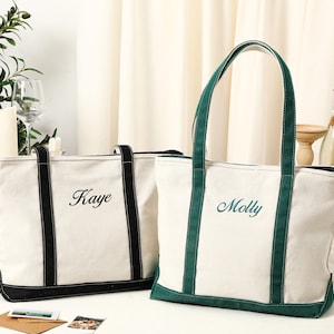Sac fourre-tout avec nom personnalisé, sac fourre-tout en toile, sac fourre-tout avec ruban, sac initiales brodées, cadeau de demoiselle d'honneur personnalisé, sac à main de plage