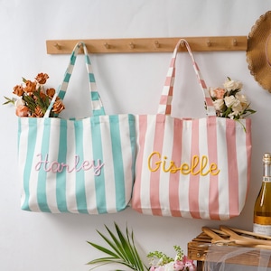 Personalisierte Tragetasche, Strandtasche mit Streifenmuster, Geschenk für Brautjungfern, Gastgeschenk für den Junggesellinnenabschied