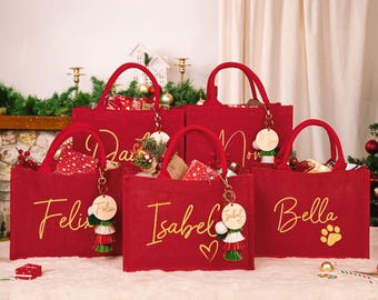 Personalized Christmas Gift Bag & Charm, Holiday Gift Bags with Name, Christmas Burlap Bag,Holiday Gift Bag, Christmas Eve Gift Bags.