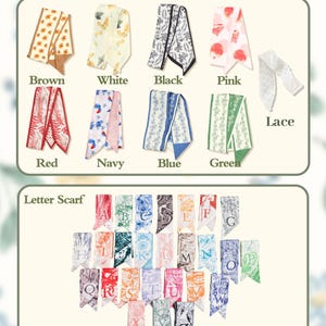 May include: A collection of narrow scarves featuring a Free Ribbon Selection in brown, white, black, pink, red, navy, blue, green, and lace patterns. Below, a Letter Scarf display shows twenty-six individual scarves, each printed with a unique letter from A to Z in various colors and intricate botanical or geometric designs.