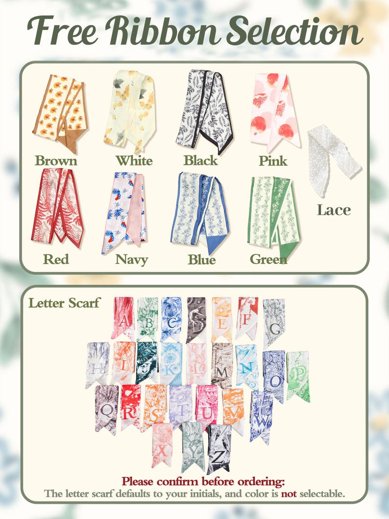 May include: A collection of narrow scarves featuring a Free Ribbon Selection in brown, white, black, pink, red, navy, blue, green, and lace patterns. Below, a Letter Scarf display shows twenty-six individual scarves, each printed with a unique letter from A to Z in various colors and intricate botanical or geometric designs.