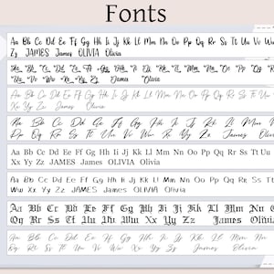May include: A chart with eight different font styles, each labeled with a number from 1 to 8. The chart shows the alphabet in each font style, along with the names "James" and "Olivia" written in each font.