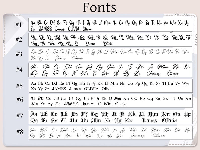 May include: A chart with eight different font styles, each labeled with a number from 1 to 8. The chart shows the alphabet in each font style, along with the names "James" and "Olivia" written in each font.
