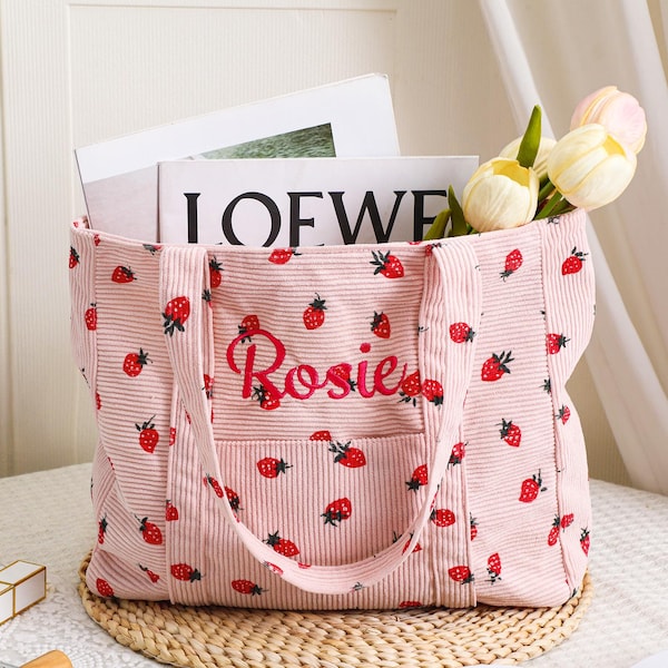 Custom Floral Tote Bag,Bridesmaid Gifts Tote Bag,Embroidered Corduroy Tote Bag,Monogram Tote Bag,Wedding Party Gifts,Bachelorette Gift