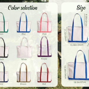 May include: White canvas tote bags with various colored handles and bottom trim. Colors include green, blue, pink, black, white, purple, navy, brown, and red. The bags measure 13.38 inches wide, 11.4 inches tall, and 5.5 inches deep.