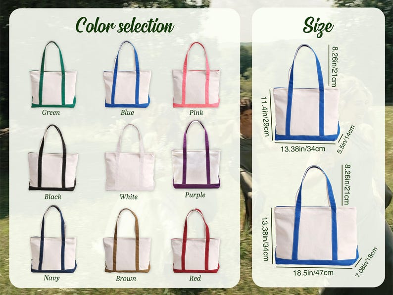 May include: White canvas tote bags with various colored handles and bottom trim. Colors include green, blue, pink, black, white, purple, navy, brown, and red. The bags measure 13.38 inches wide, 11.4 inches tall, and 5.5 inches deep.