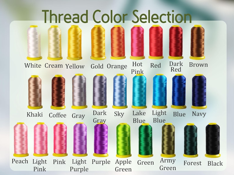 May include: A color chart displaying a "Thread Color Selection" with various thread spools. The spools are arranged in rows and columns, showcasing a wide range of colors, including white, yellow, orange, pink, red, brown, gray, blue, green, and black.