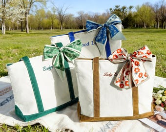 Custom Tote Bag, Personalized Text Tote, Gift for Her, Bachelorette Gifts, Embroidery Canvas Tote Bag, Pool Bag, Beach Bag with Free Ribbons
