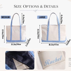 May include: Two canvas tote bags in medium and large sizes with light blue trim. Medium bag measures 11.4in by 13.3in by 5.5in. Large bag measures 13.3in by 18.5in by 7in. Features include a zipper closure and a personalized pocket with the name Rachel.